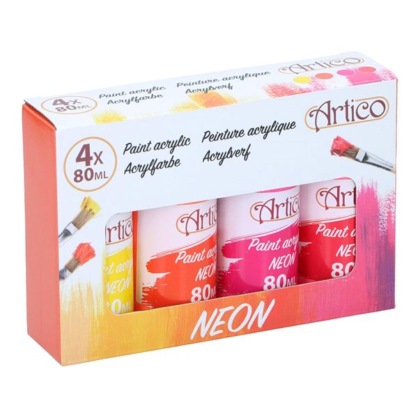 Bilde av Artico Akrylmaling Neon 80ml 4-pak - Gul/oransje/rosa