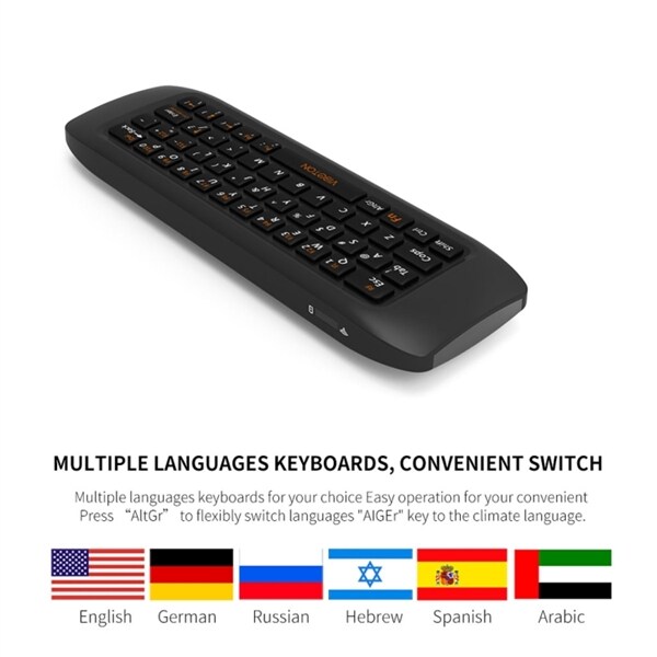 Fjernkontroll med peke scrolle bevegelsesstyring til Arabic English 2.4 RF Mini Keyboard linux android windows