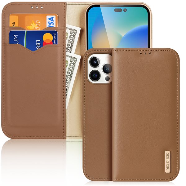 Hivo Leather Flip Deksel Lommebok i ekte skinn for kort og ID-er iPhone 14 Pro Max Brown