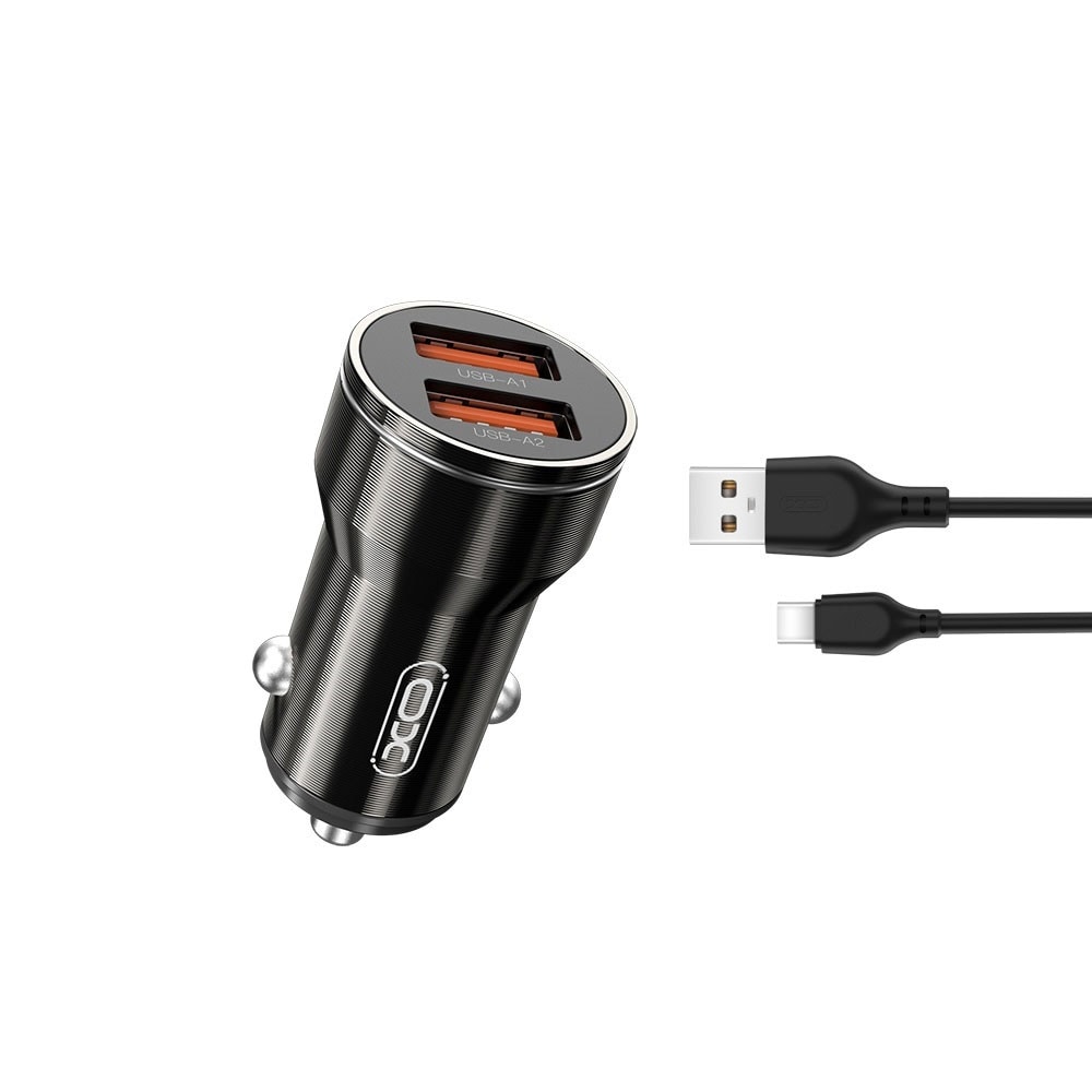 XO billader med 2x USB 2,4A & USB-C kabel - sort