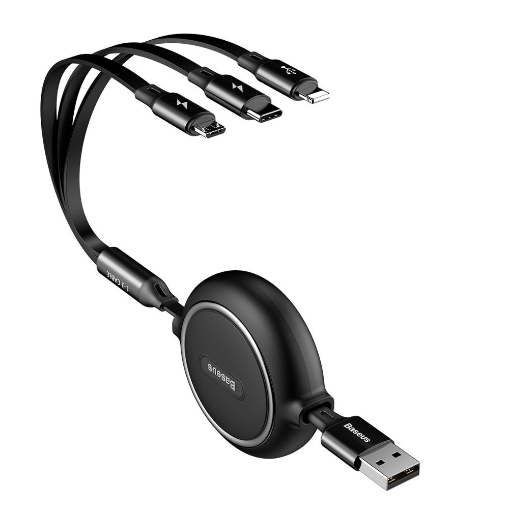 Baseus 3i1 USB-kabel Uttrekkbar 35-120cm - Sort