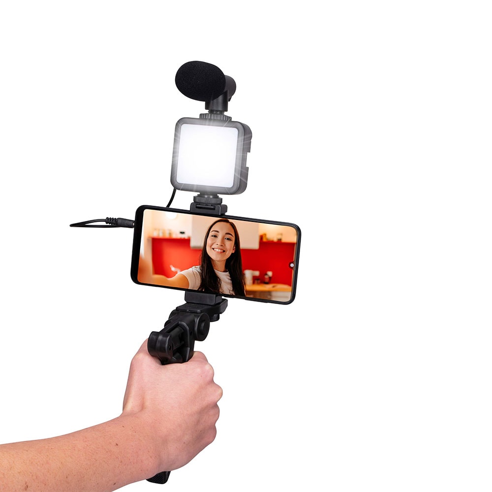 Grundig Vloggsett med Mikrofon, LED og Stativ
