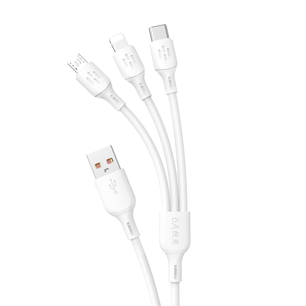 Dudao 3-i-1 USB-kabel - USB-C / microUSB / Lightning 6A 1,2m - Hvit