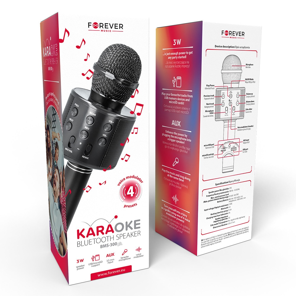 Forever Karaokemikrofon med høyttaler - Svart