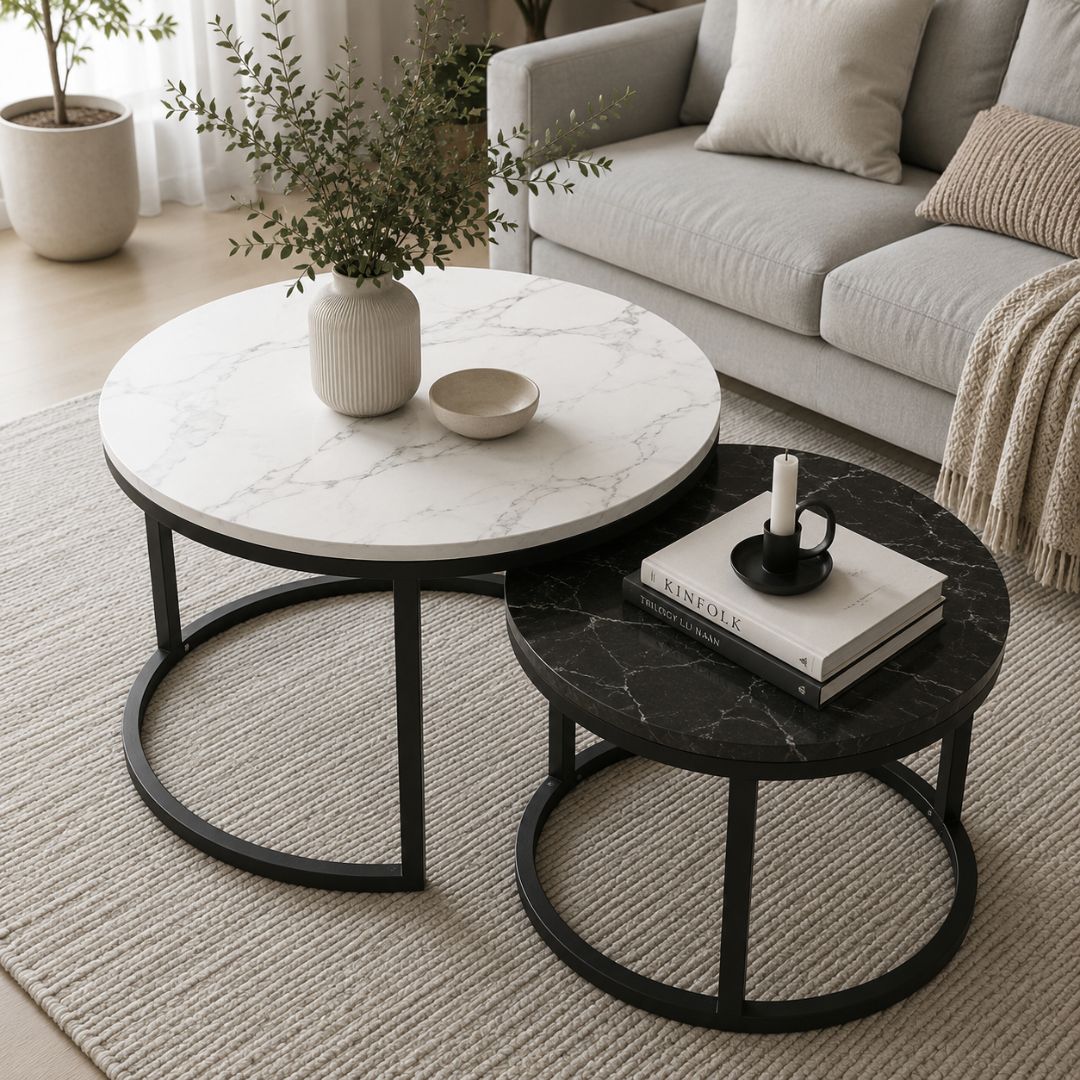 Elegant sett med to runde salongbord - Hvit/Svart