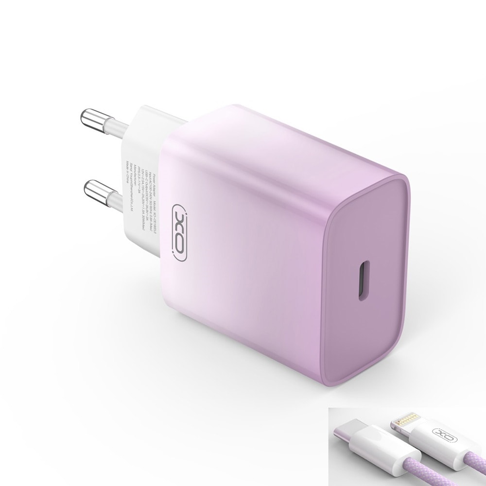 XO USB-C-lader PD 30W med lightning-kabel - Lilla/Hvit