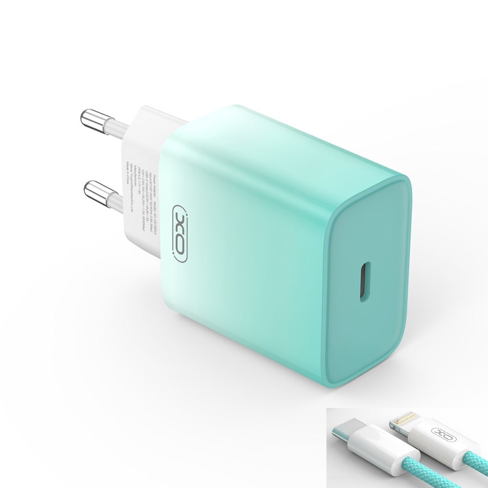 XO USB-C-lader PD 30W med lightning-kabel - Blå/Hvit