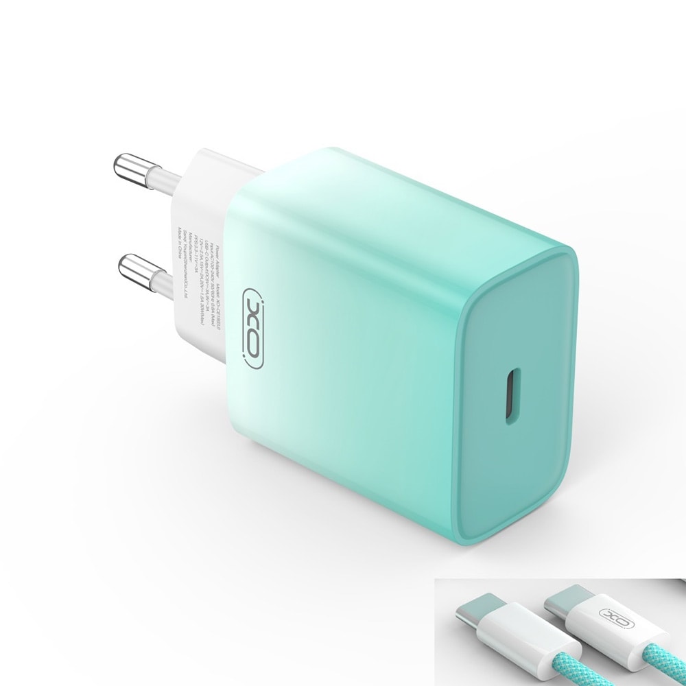 XO USB-C-lader PD 30W med USB-C-kabel - Blå/Hvit