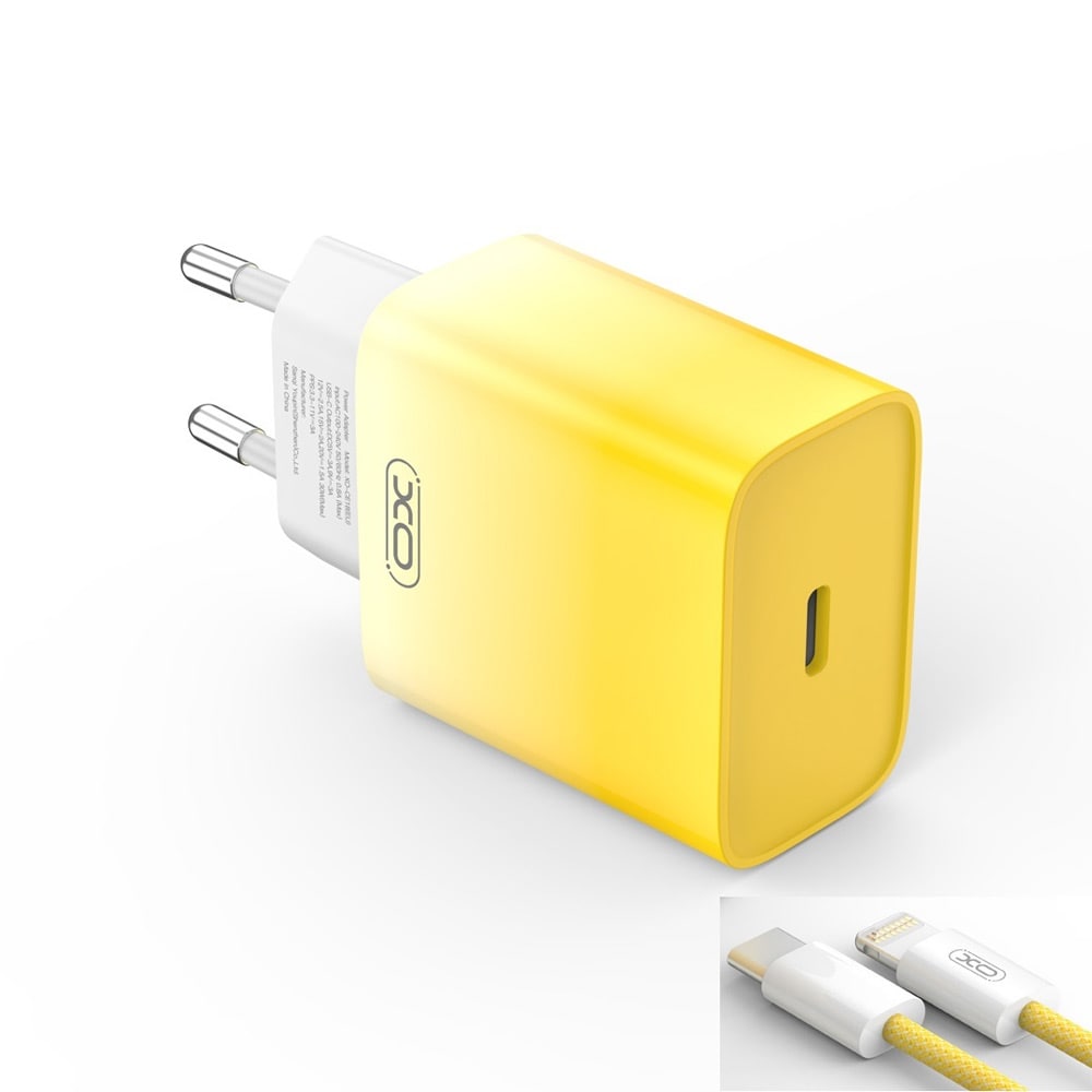 XO USB-C-lader PD 30W med lightning-kabel - Gul/Hvit