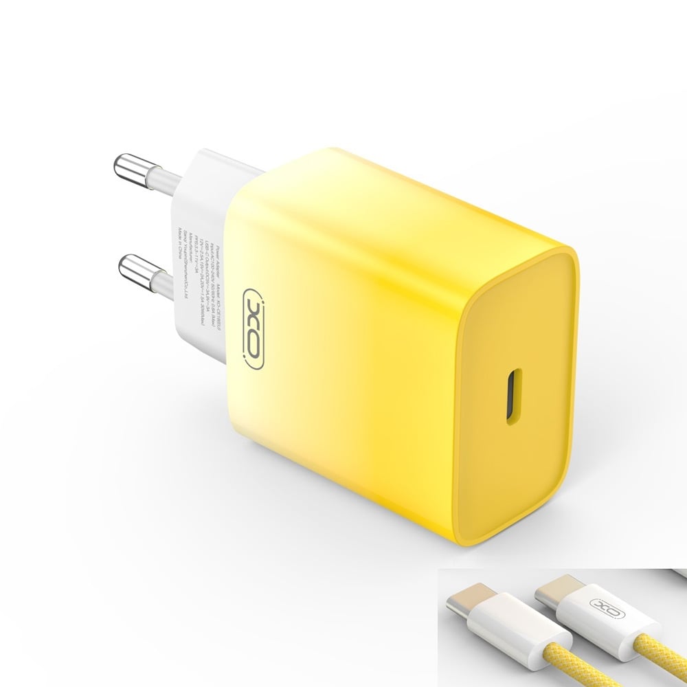 XO USB-C-lader PD 30W med USB-C-kabel - Gul/Hvit