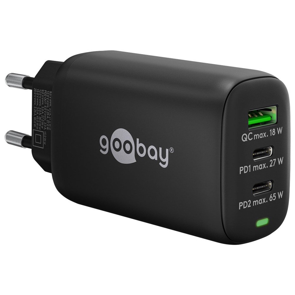 Goobay USB-Lader med PD GaN 65W 1xUSB & 2xUSB-C - Sort