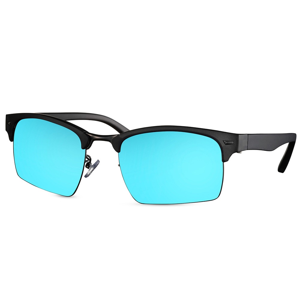 Solbriller med grå halvinnfatning og blå linse