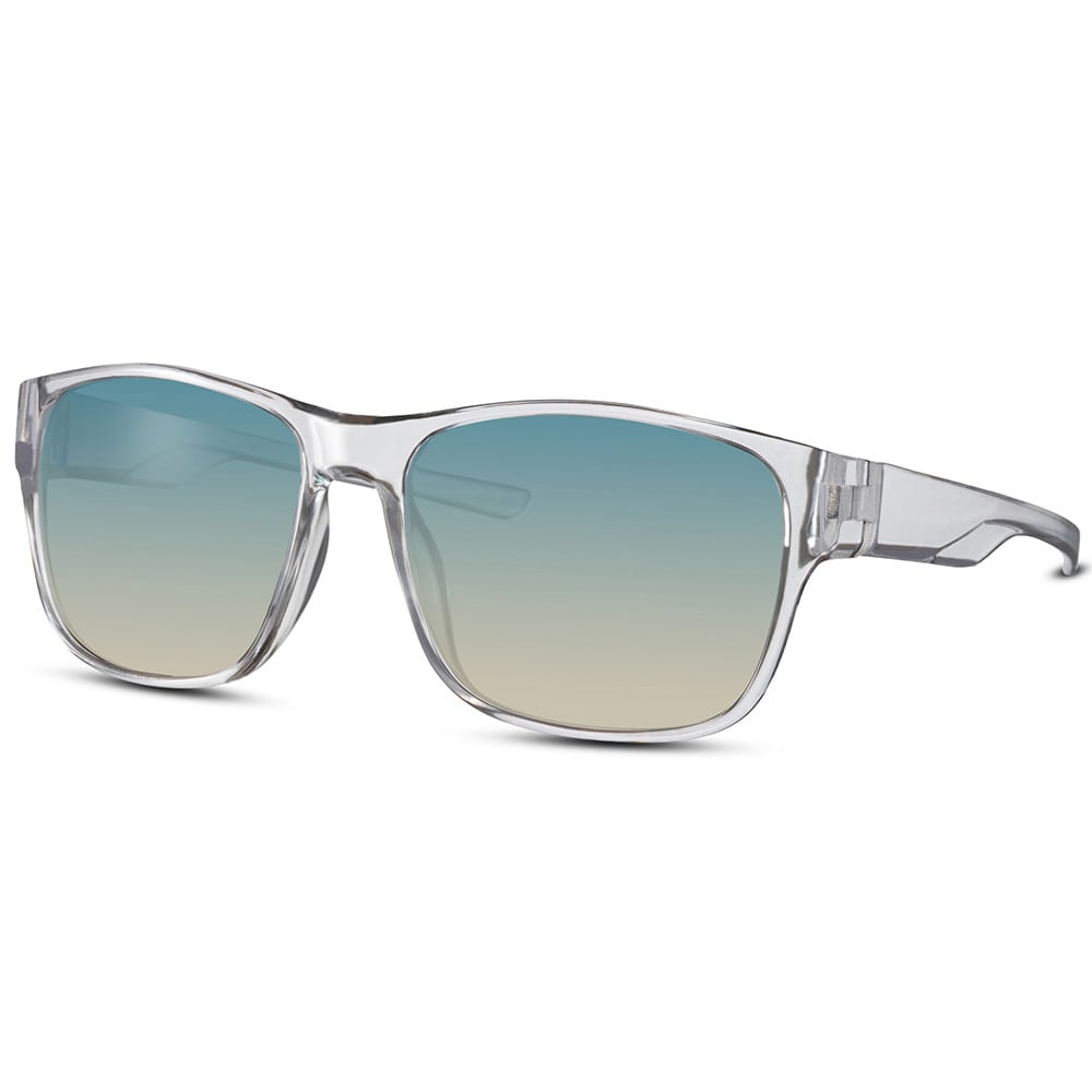 Solbriller med gjennomsiktig innfatning og blå linse