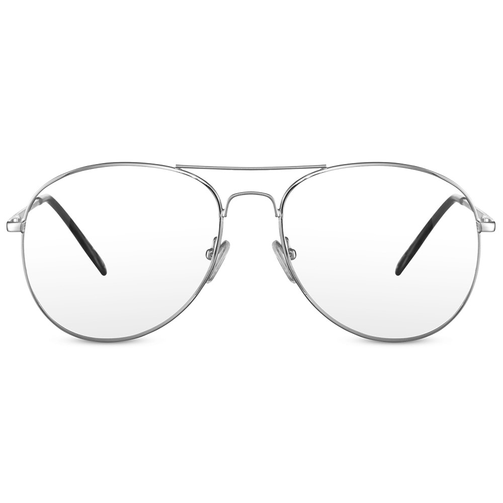 Briller med sølvinnfatning og gjennomsiktig linse