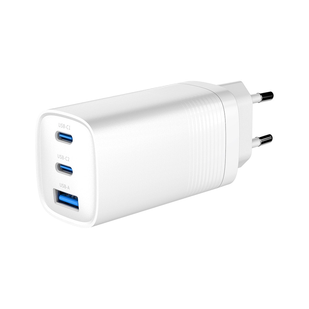 Vegglader GaN 65W PD med 2xUSB-C & 1 xUSB