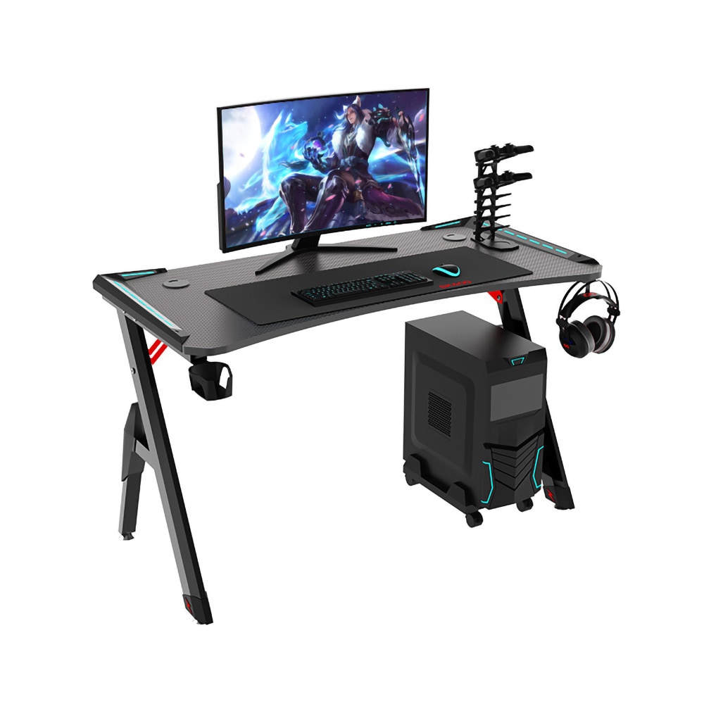 Gamingbord 140 x 60 cm / skrivebord med RGB / databord med karbonfiberstruktur / gamingskrivebord