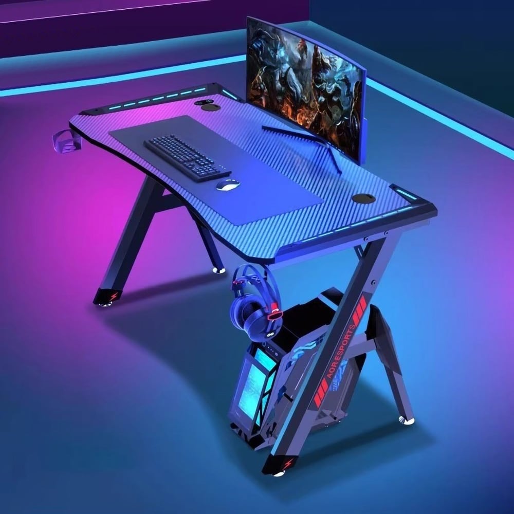 Gamingbord 140 x 60 cm / skrivebord med RGB / databord med karbonfiberstruktur / gamingskrivebord