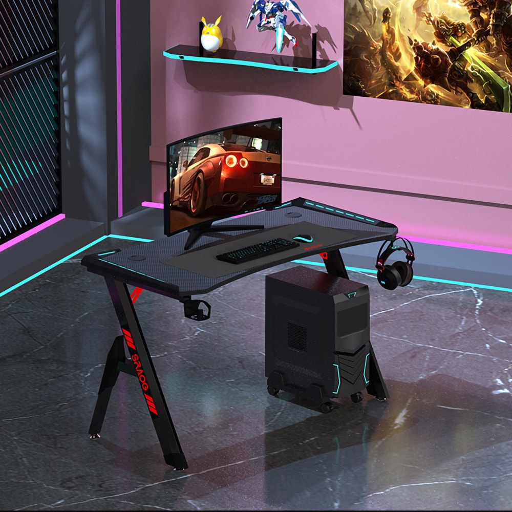 Gamingbord 140 x 60 cm / skrivebord med RGB / databord med karbonfiberstruktur / gamingskrivebord