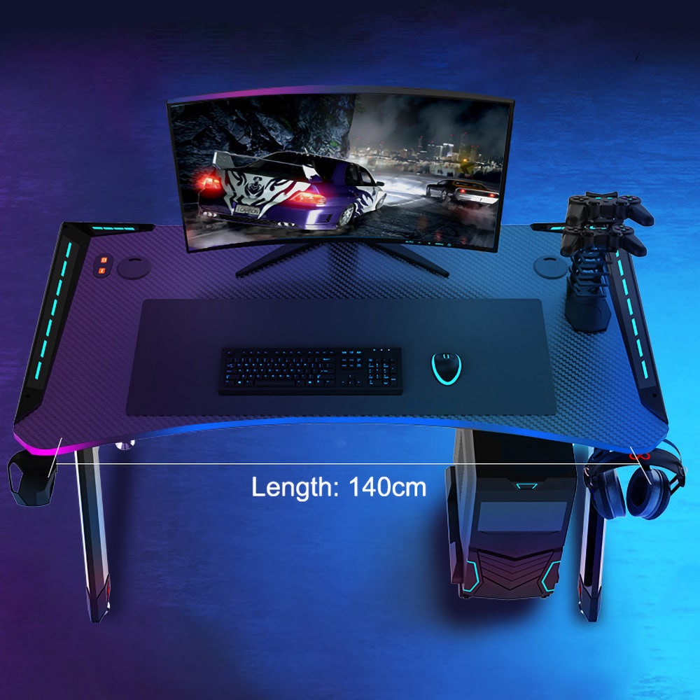 Gamingbord 140 x 60 cm / skrivebord med RGB / databord med karbonfiberstruktur / gamingskrivebord