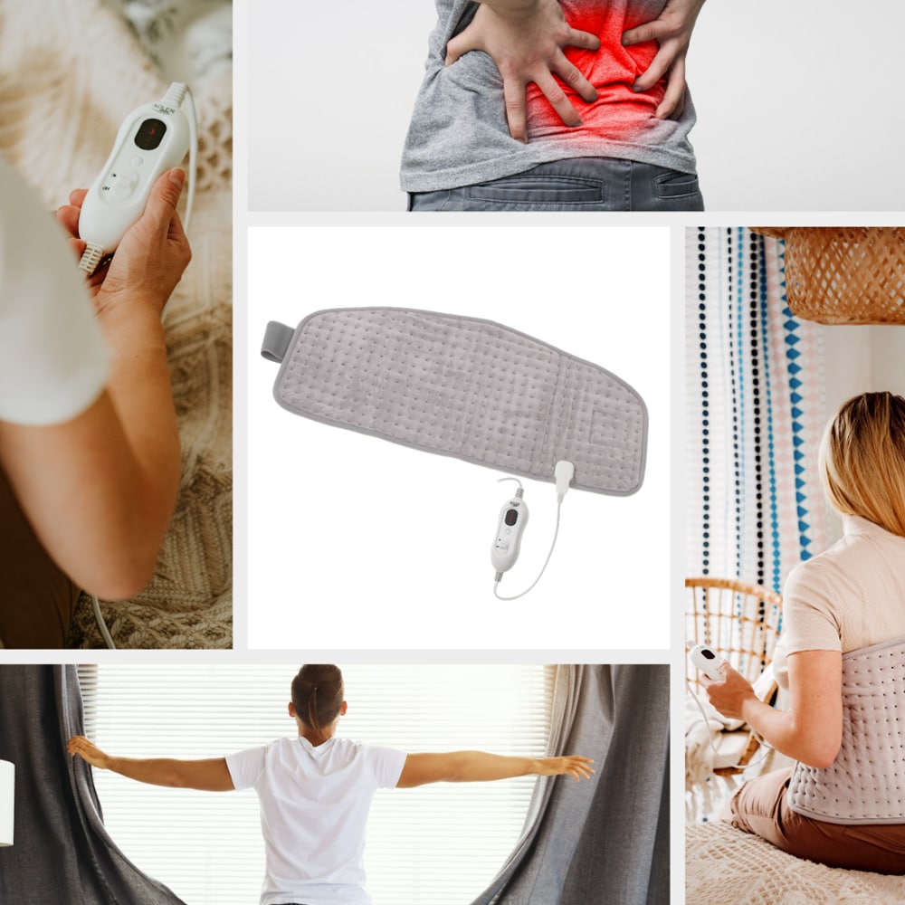 Varmebelte i ryggen med justerbar temperatur og myk fleece