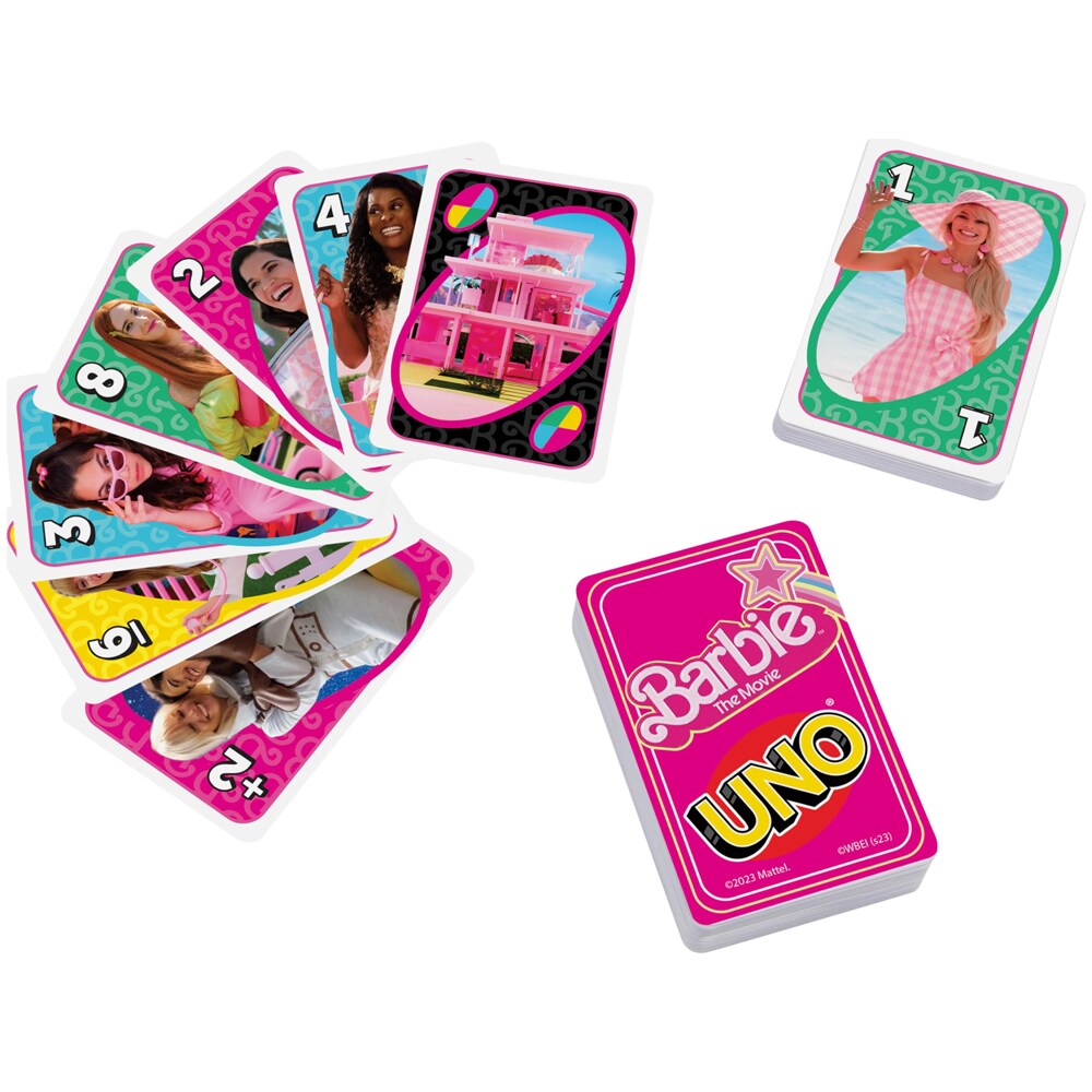 Uno med Barbie the Movie-inspirerte motiver