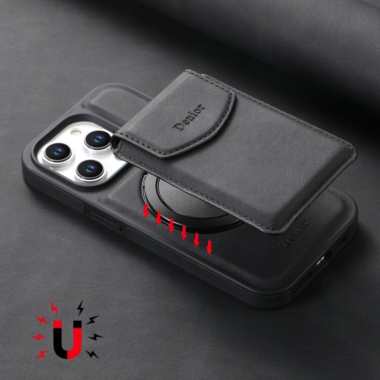 Kunstlærveske med magnetisk kortholder for iPhone 14/13 med avtakbart feste - Svart