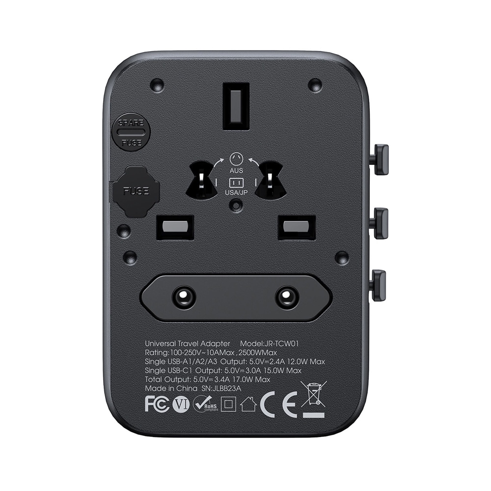 Joyroom Reiseadapter 17W med EU / US / UK / JP / AU / CN - Svart