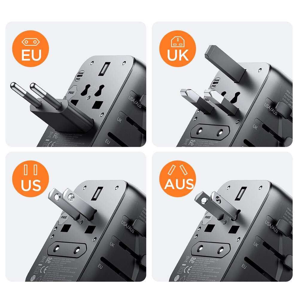 Joyroom Reiseadapter 17W med EU / US / UK / JP / AU / CN - Svart