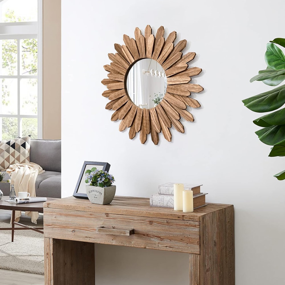 Rundt veggspeil med treramme og elegant design