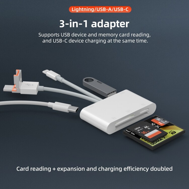Minnekortleser med Lightning, USB, MicroUSB og USB-C - rask filoverføring og fleksible tilkoblingsmuligheter