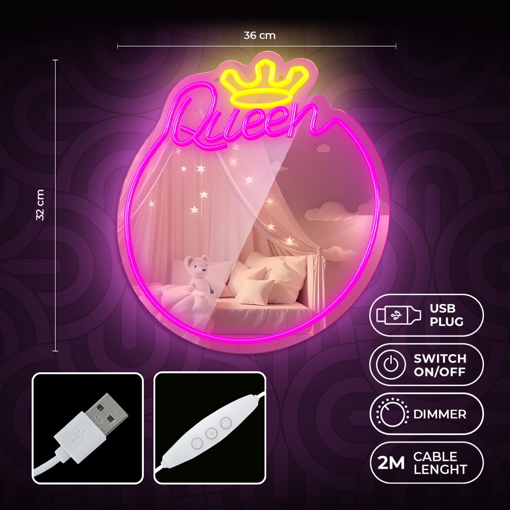 LED-speilbelysning i neon med dimmer - Queen