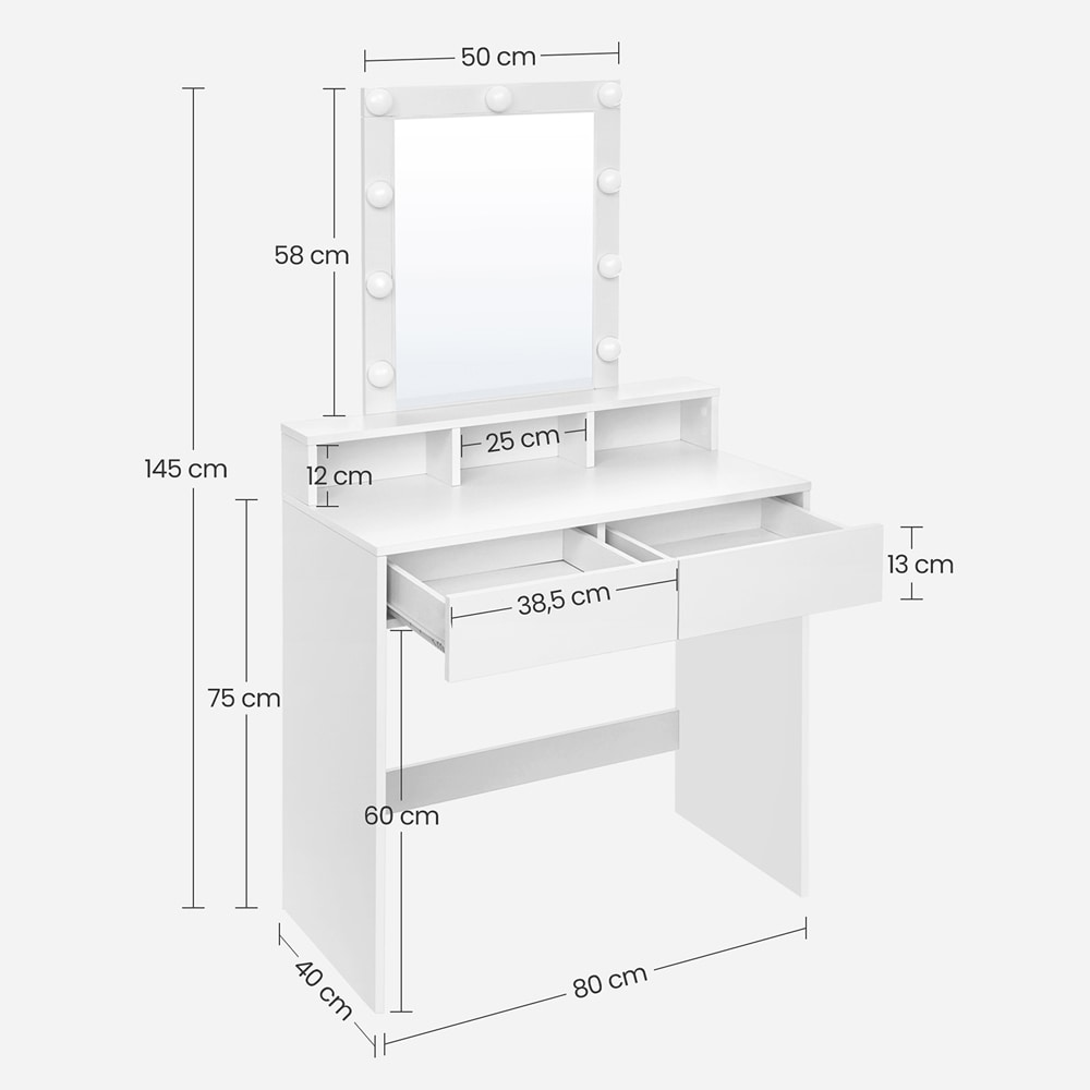 Sminkebord med LED-speil - Justerbar Belysning, Romslig Oppbevaring