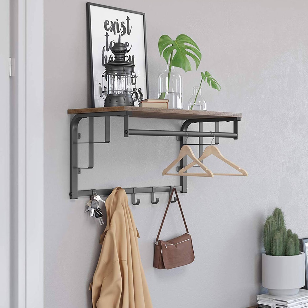 Hattehylle i industriell design med kleshenger - Brun/svart