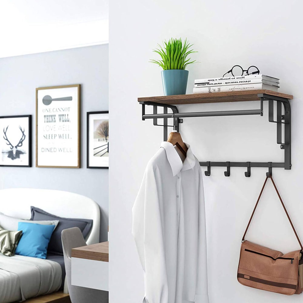 Hattehylle i industriell design med kleshenger - Brun/svart