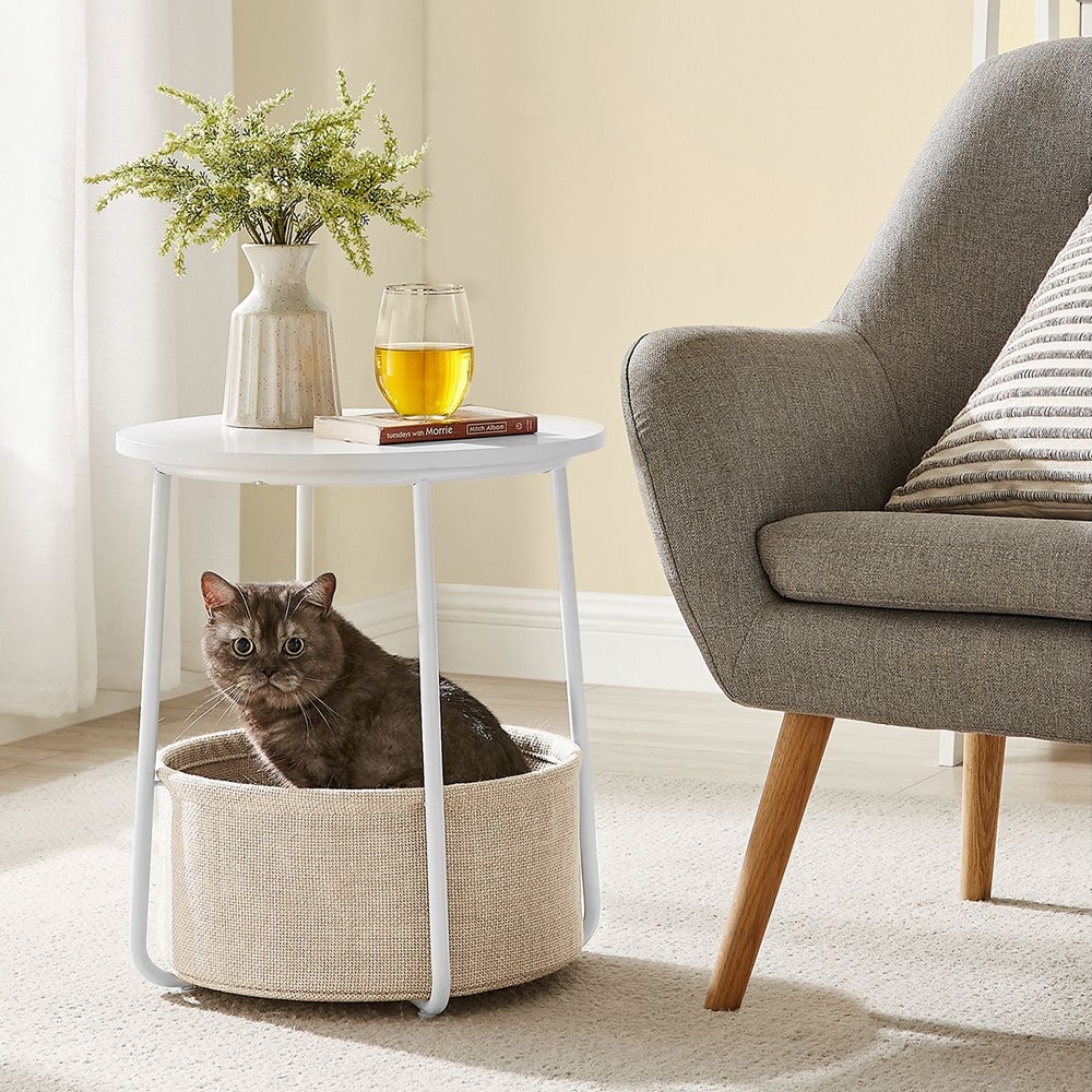 Rundt sidebord med stoffkurv - Hvit