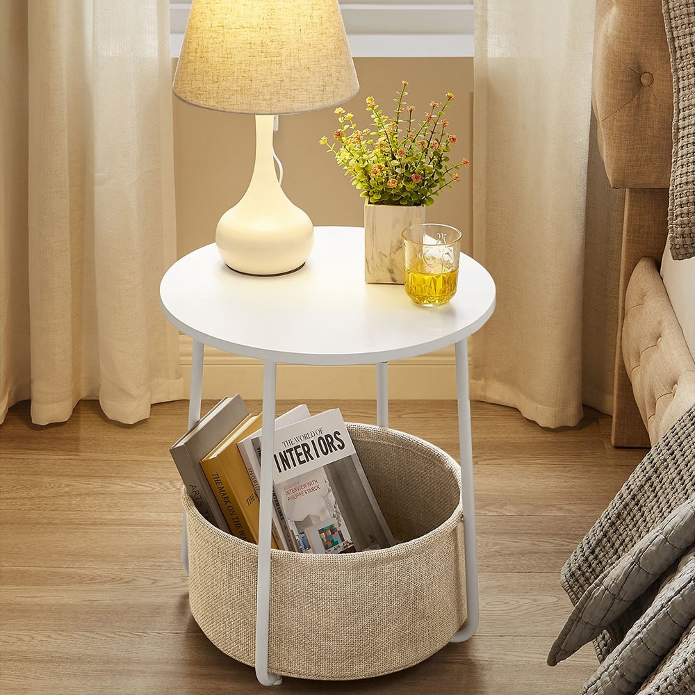 Rundt sidebord med stoffkurv - Hvit