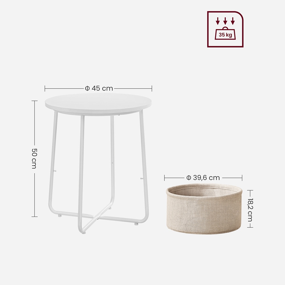 Rundt sidebord med stoffkurv - Hvit