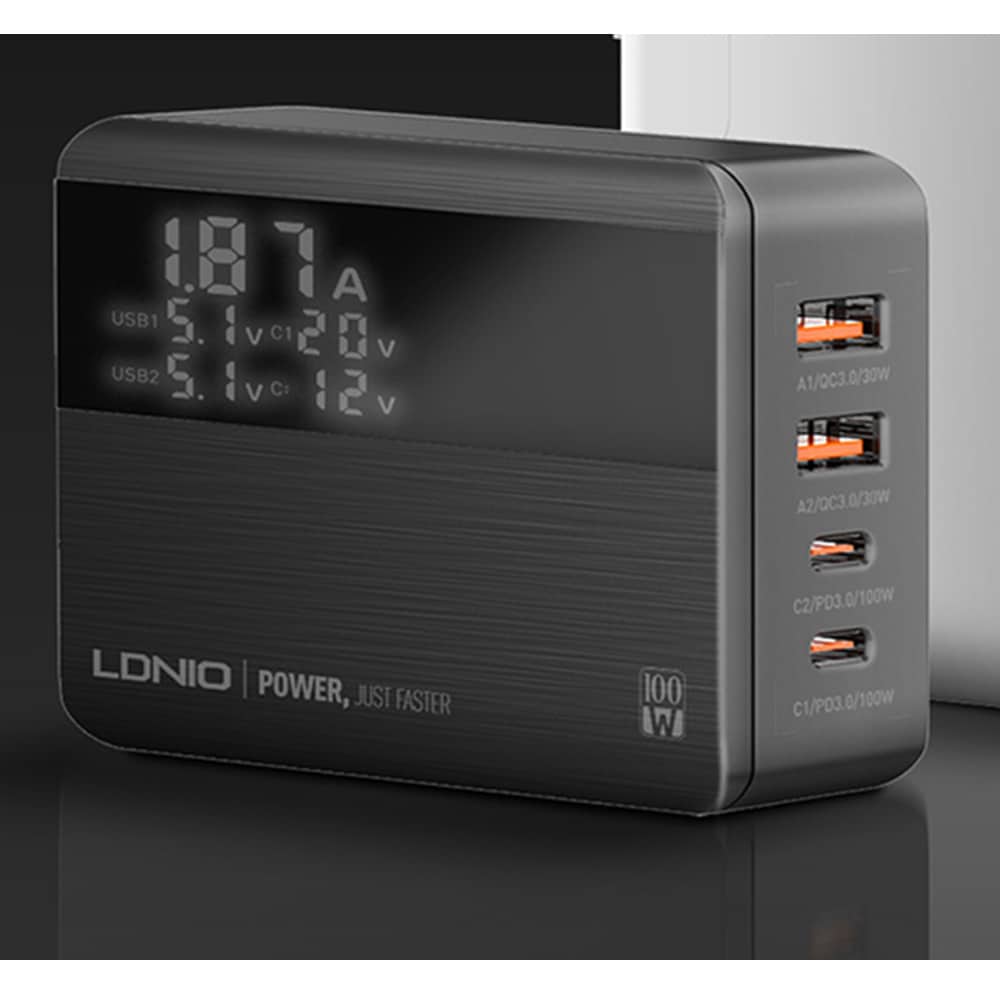 USB-ladestasjon GaN 100W PD med 2xUSB-C og 2xUSB