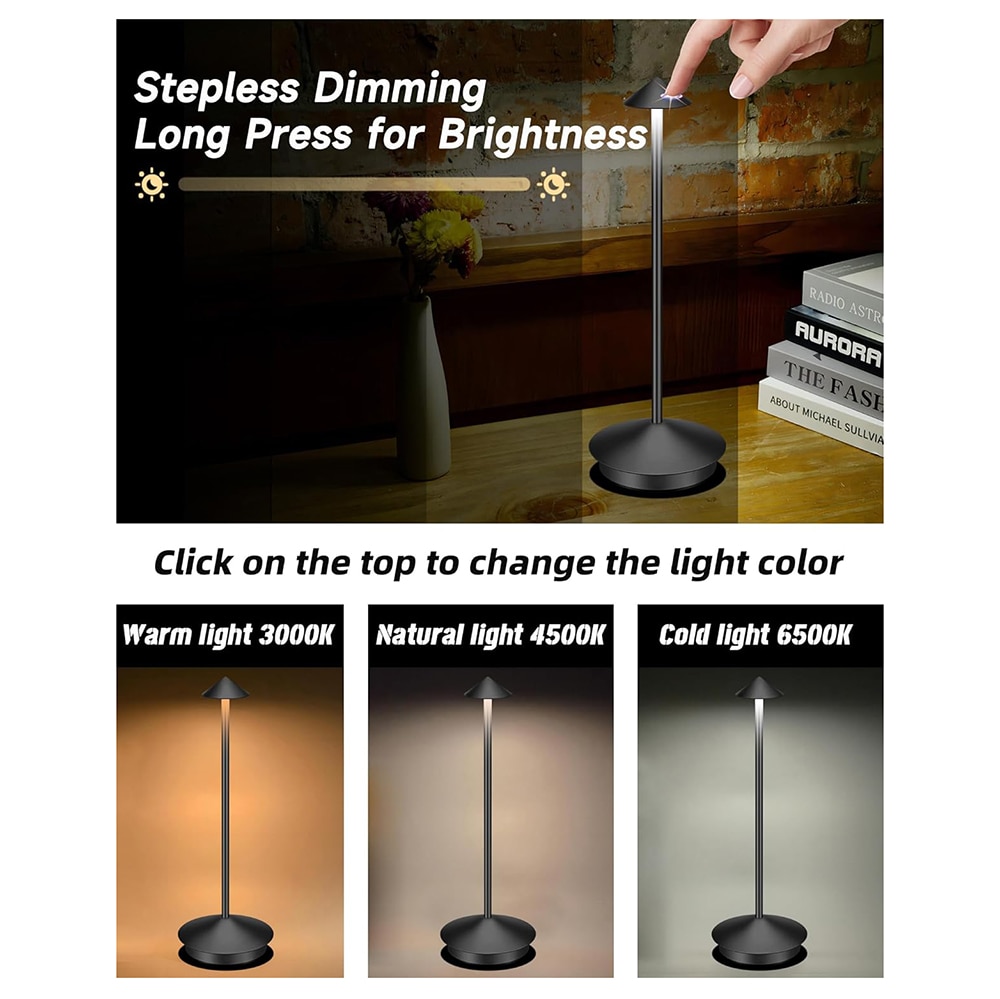 LED-bordlampe i aluminium med justerbar lysstyrke og USB-lading - Svart