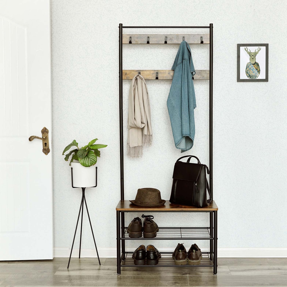Garderobestativ med benk og skohylle i industriell design - 177 cm