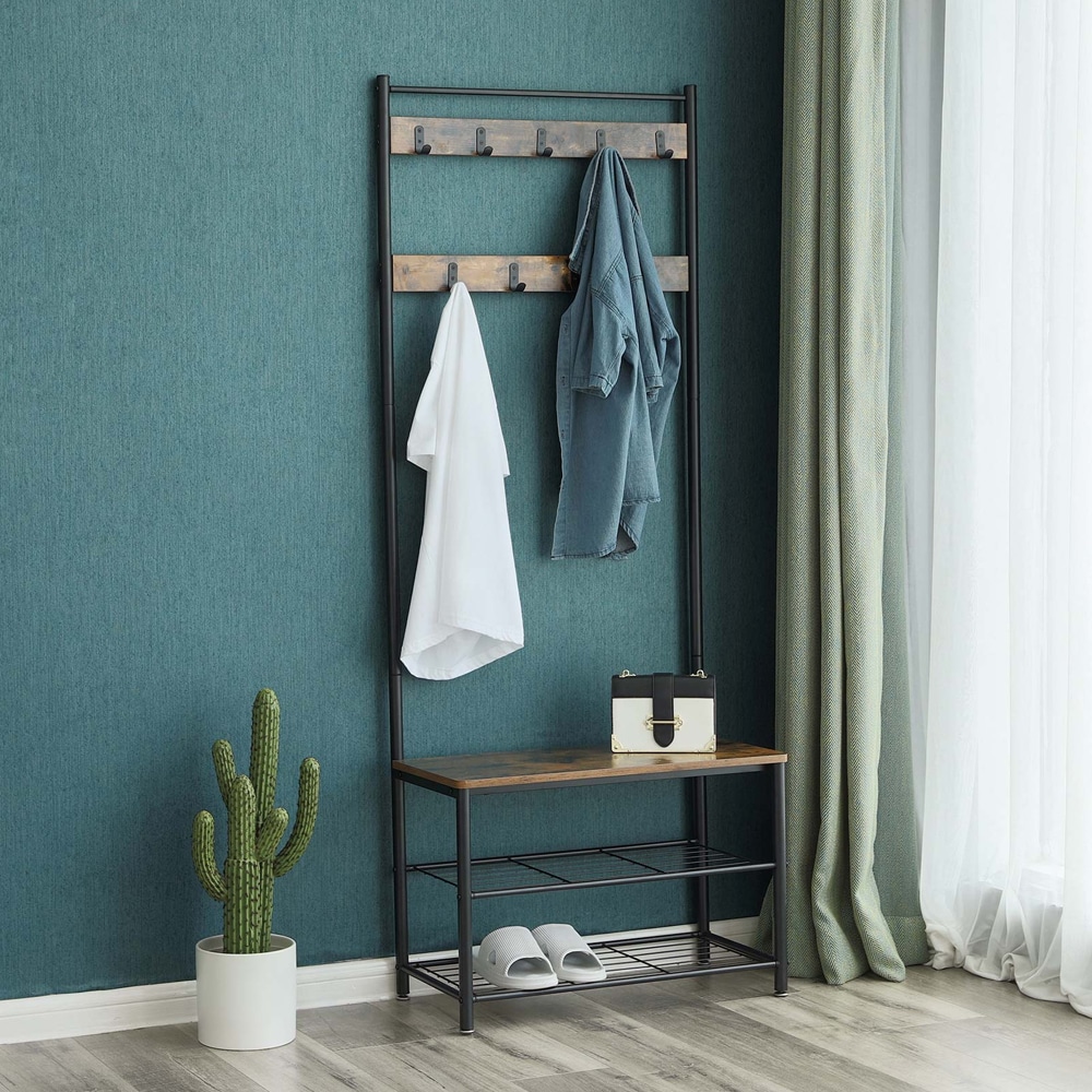 Garderobestativ med benk og skohylle i industriell design - 177 cm