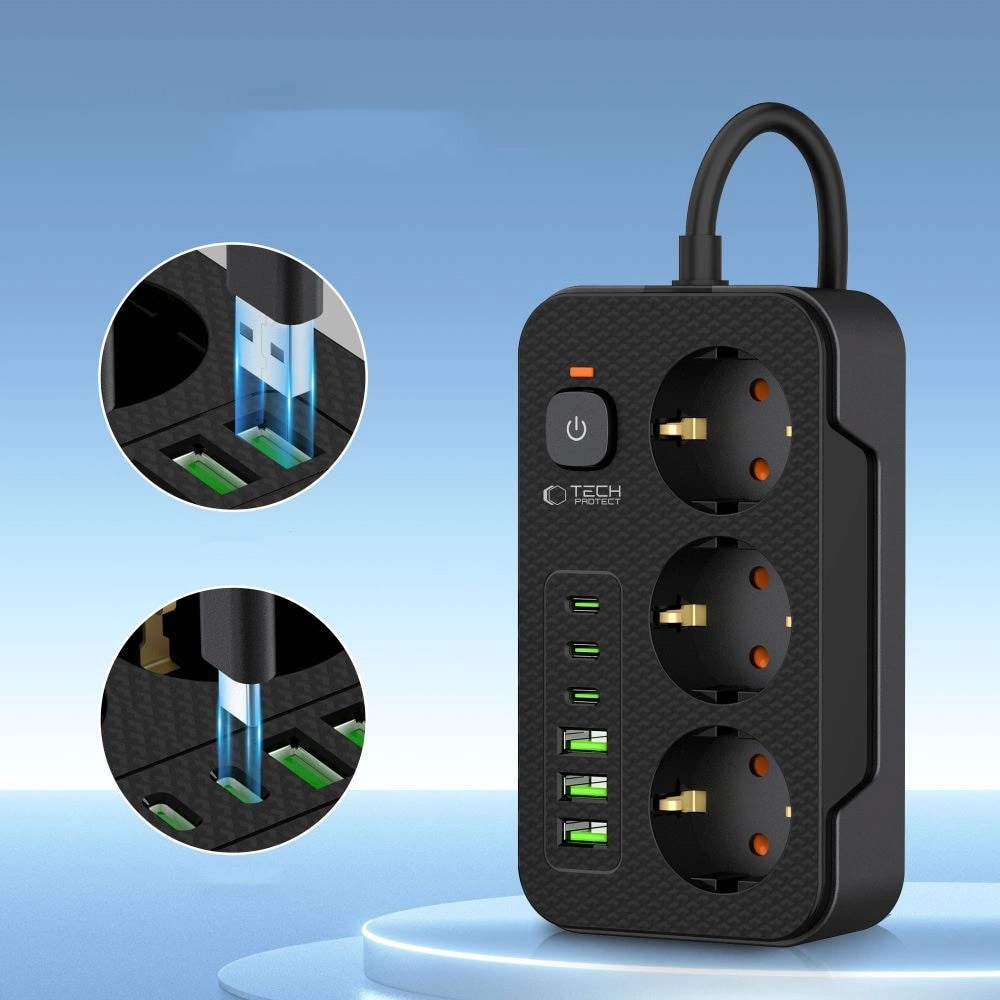 Tech-Protect Power Strip med 3x 240V strømuttak + 3xUSB-A + 3xUSB-C - Svart