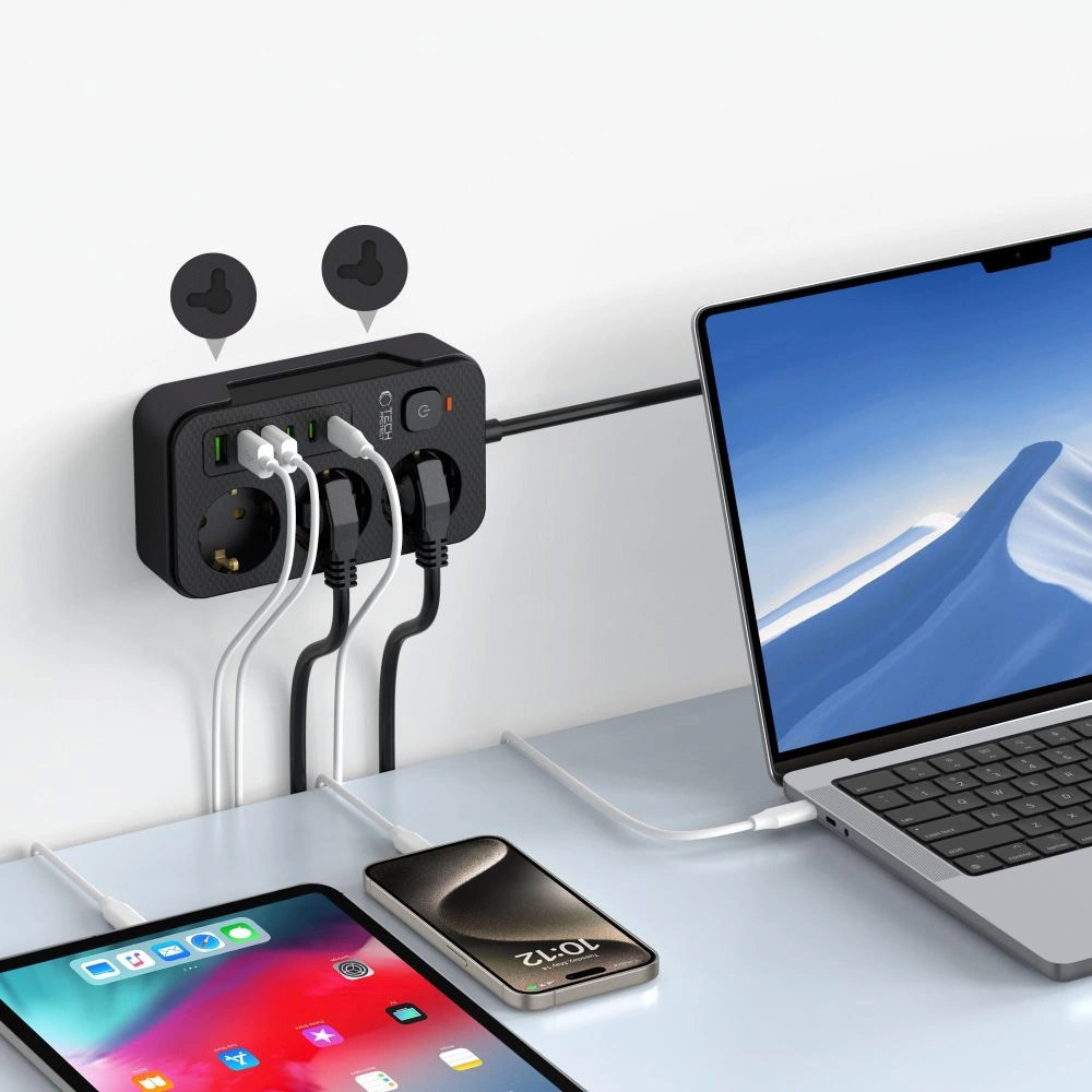 Tech-Protect Power Strip med 3x 240V strømuttak + 3xUSB-A + 3xUSB-C - Svart