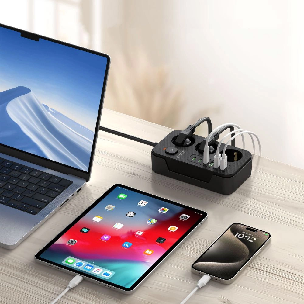 Tech-Protect Power Strip med 3x 240V strømuttak + 3xUSB-A + 3xUSB-C - Svart