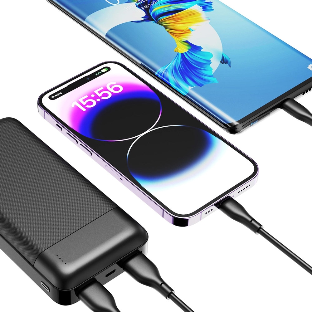 Dudao Powerbank 20000mAh 10W med USB, USB-C og MicroUSB - Svart