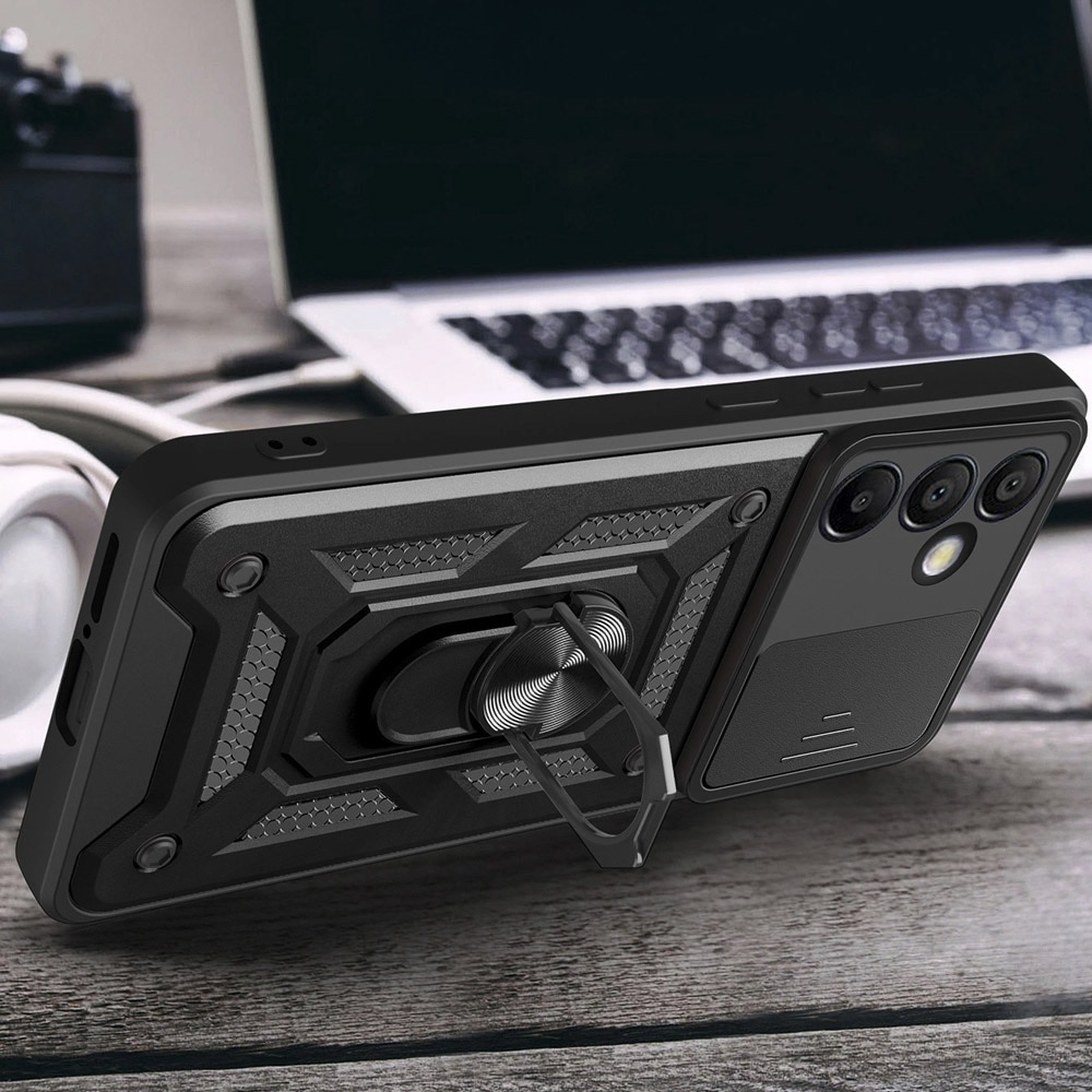 Hybrid Armor Camshield-skall med mobilring og kamerabeskyttelse for Samsung Galaxy A56 - Svart