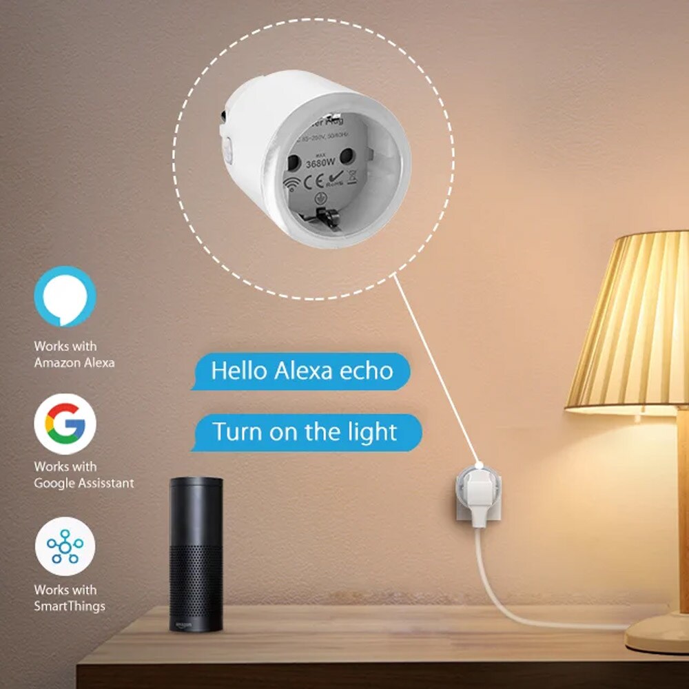 Smartplugg med Zigbee, energimåling og stemmestyring, 16A, kompatibel med HomeKit og Tuya