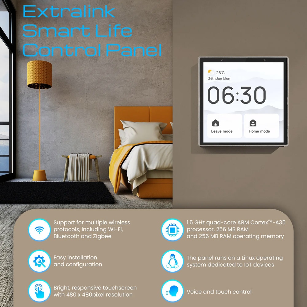 Smart kontrollpanel med berøringsskjerm, Wi-Fi, Bluetooth og Zigbee for veggmontering