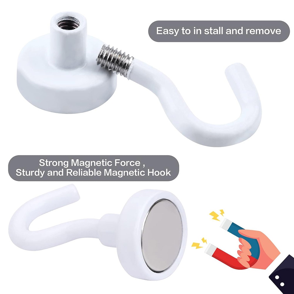 Magnetkrok med neodymmagnet - Ø25 mm, hvit, bæreevne 23 kg, 10-pk