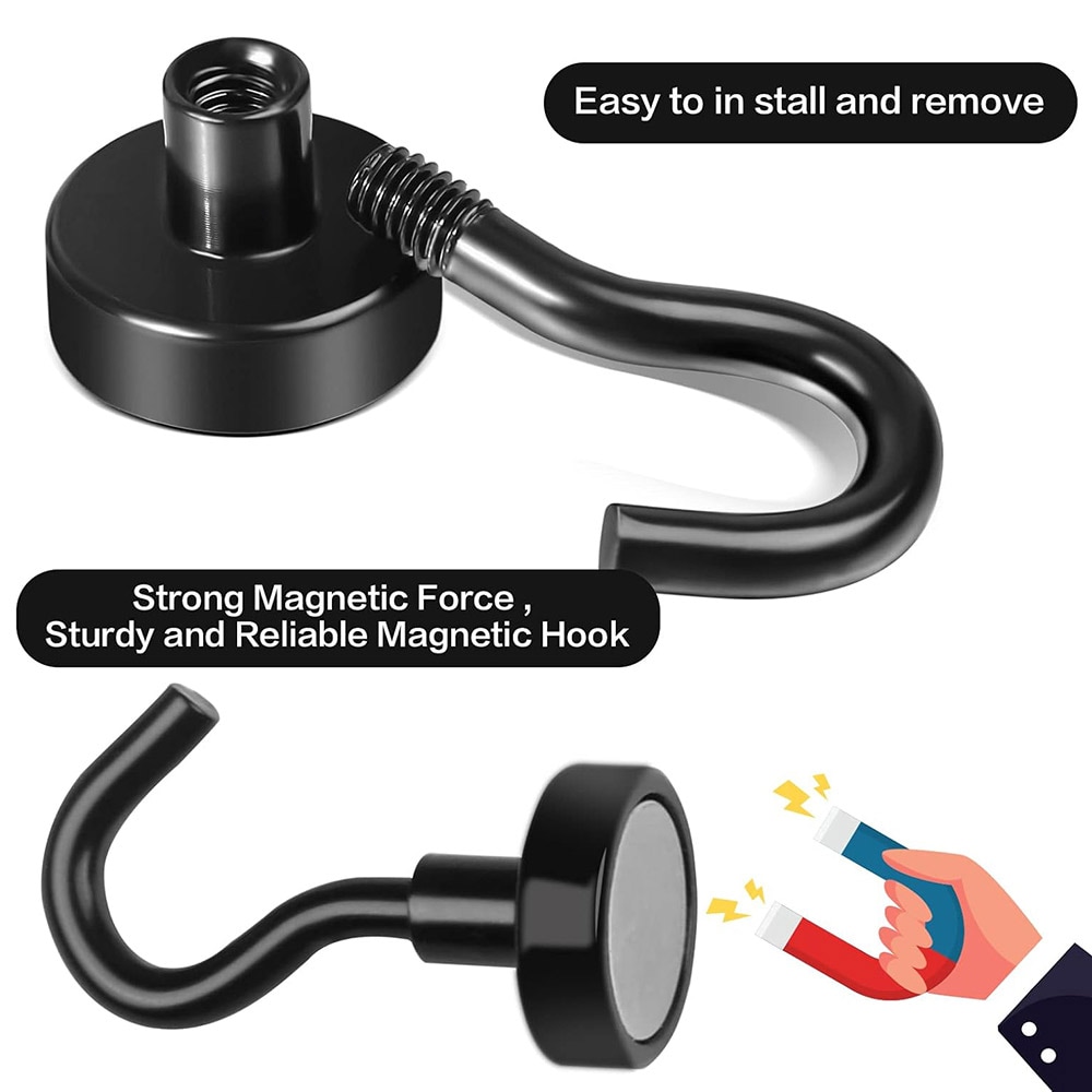 Magnetkrok med neodymmagnet - Ø25 mm, svart, lastekapasitet 23 kg, 10-pk